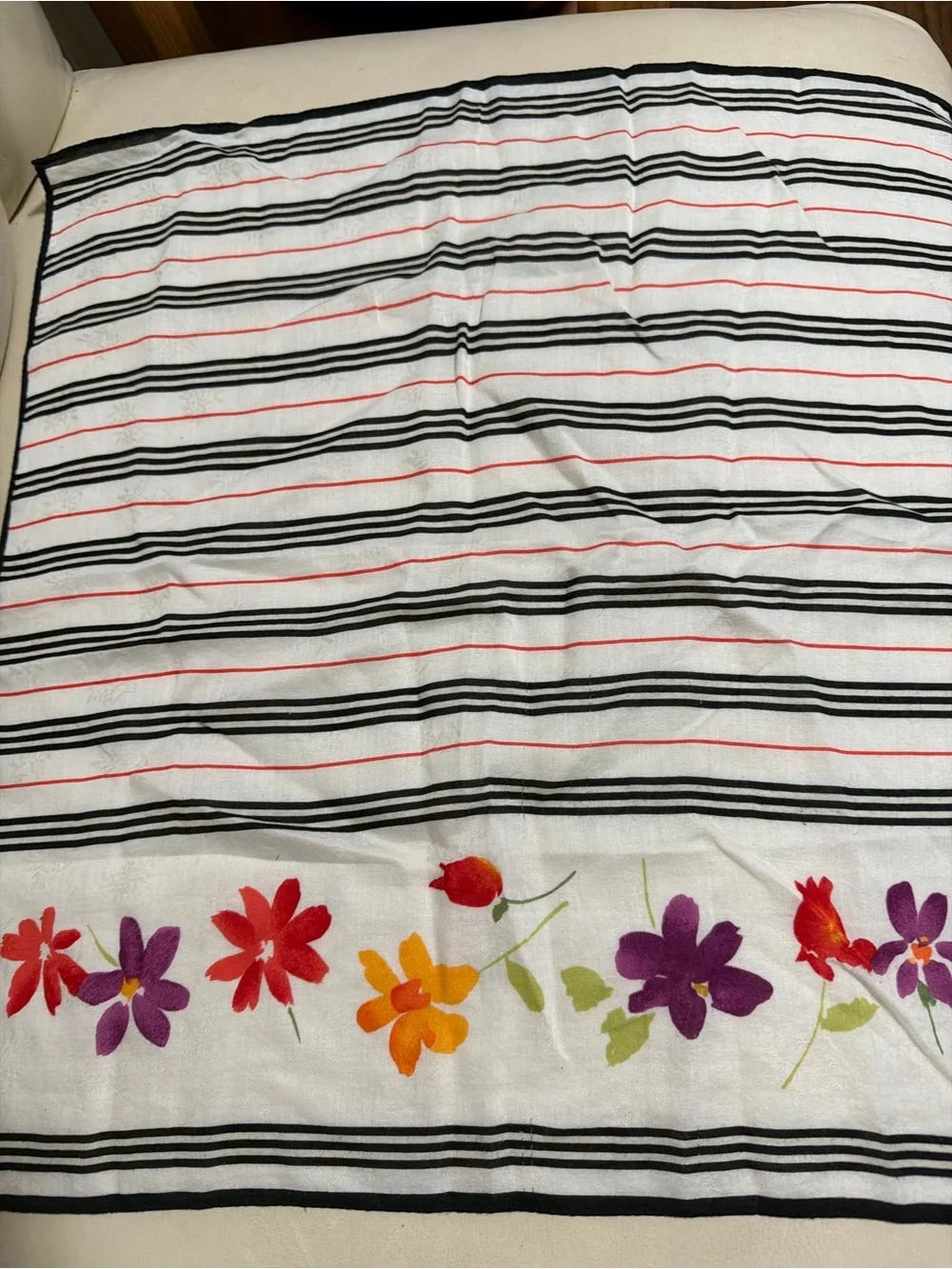 Burberry White Scarf with Black Stripes and Multicolor Floral Border